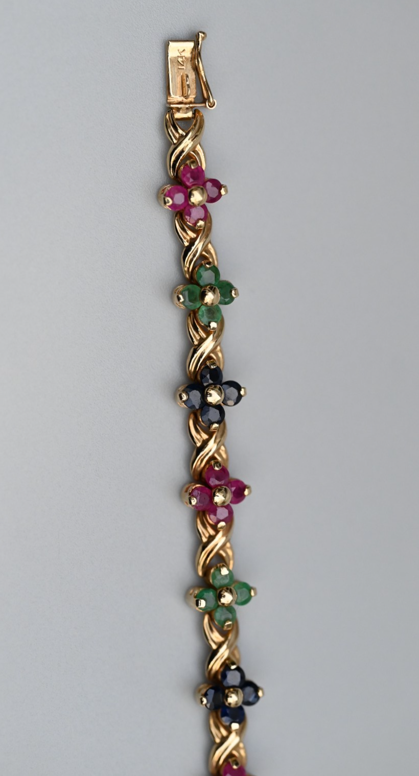 Beautiful Floral Tennis Bracelet with Sapphires, Rubies & Emeralds 14K YG 7 1/4"6