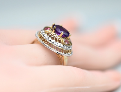 Eye-Catching Vintage Two Tone 10k Gold Cocktail Ring with Faceted Oval Amethyst0