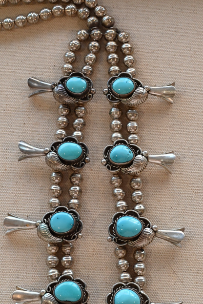 Lovely Native American Blue Turquoise & Sterling Silver Squash Blossom Necklace3