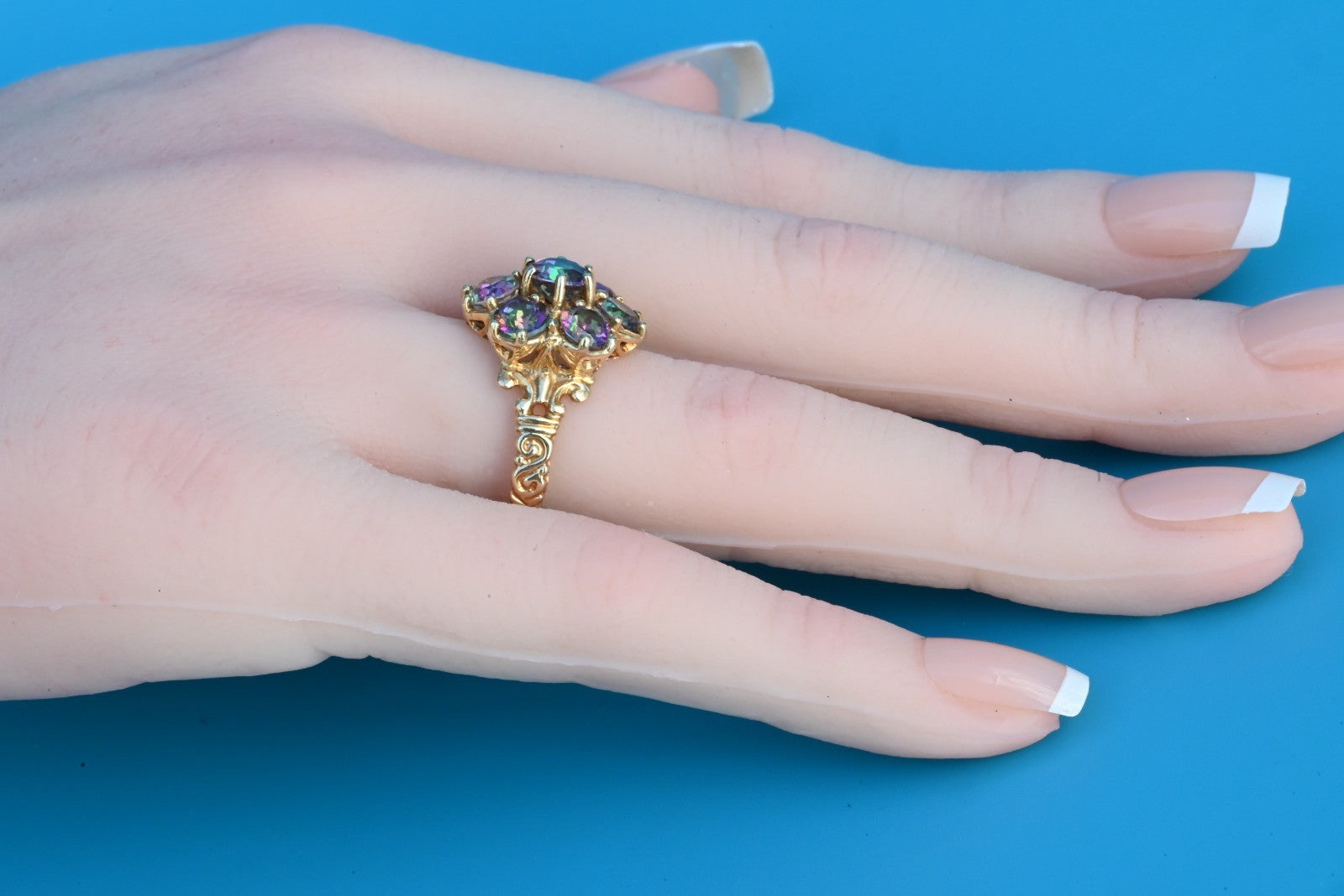 Gorgeous Mystic Fire Topaz Gemstone Floral Design 10K Yellow Gold Ring10
