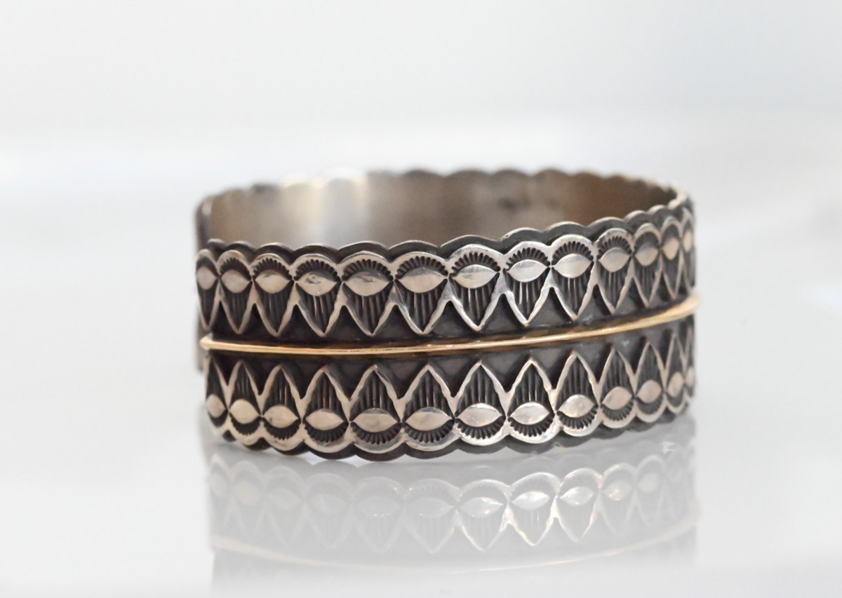 Gorgeous Native American Sterling Silver Cuff Bracelet w/ 14k Bar by Sara Hideko2