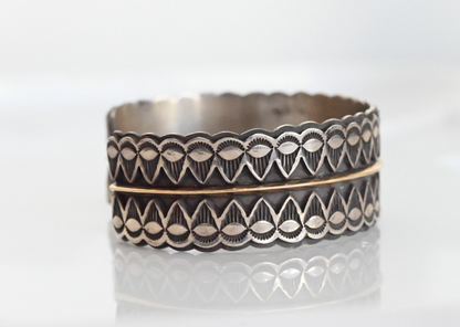 Gorgeous Native American Sterling Silver Cuff Bracelet w/ 14k Bar by Sara Hideko2