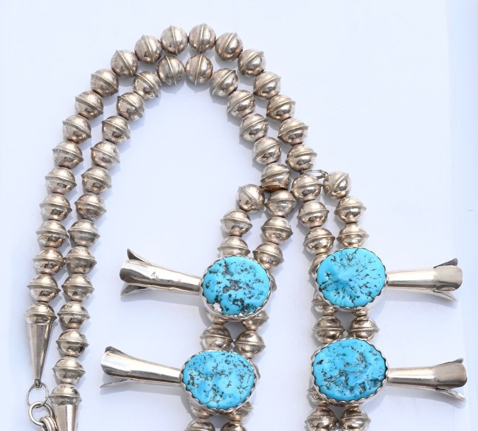 Vintage Native American Blue Turquoise & Sterling Silver Squash Blossom Necklace3