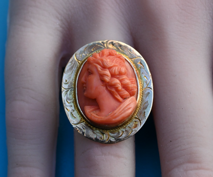 Antique 1900s Italian Carved Natural Red Coral Cameo Ring in 10K Yellow Gold0