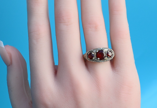 Antique Filigree Art Deco 18K White Gold Ring w/ Deep Red Gemstones1