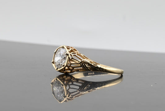 Antique Art Deco Period .85 ct Old Euro Diamond Ring in 14K Y Gold Filigree Work1