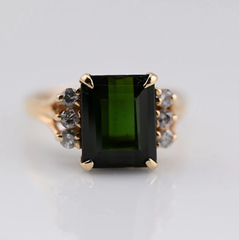 Emerald-Cut Green Tourmaline Flanked by Small Diamonds on 14K Yellow Gold Band1