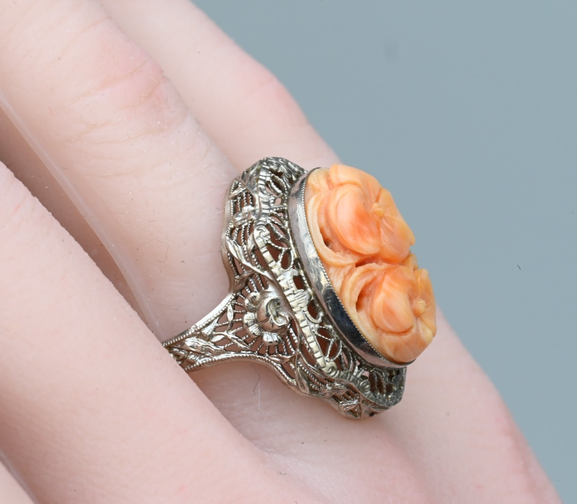 Antique 14K White Filigree Statement Ring With Hand Carved Natural Coral Gem5