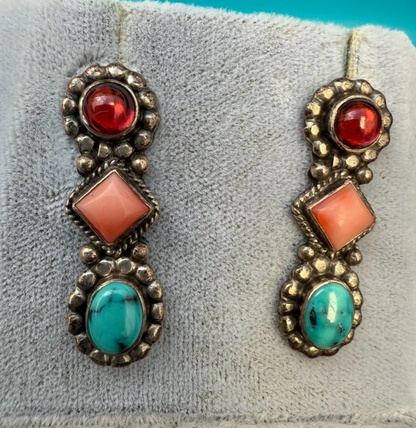 Pair of Native American-style Dangle Earrings with Turquoise and Coral Gems2