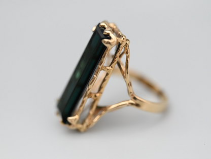 Beautiful Elongated Green Tourmaline Statement Ring in 14K Yellow Gold5