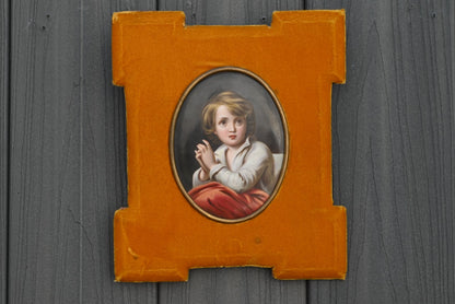 Beautiful German Antique 1900s Porcelain Framed Plaque of Young Boy0