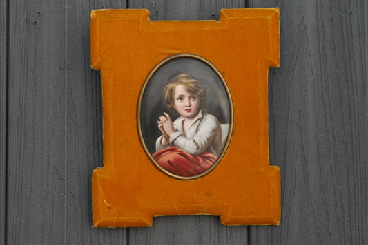 Beautiful German Antique 1900s Porcelain Framed Plaque of Young Boy0