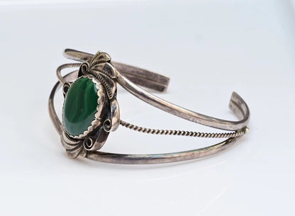 Vintage Signed Sterling Silver 925 Native American Green Malachite Cuff Bracelet2