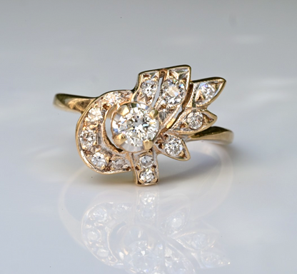 Floral Spray & Ribbon Cluster 14K Ring with Natural Antique Round-cut Diamonds1