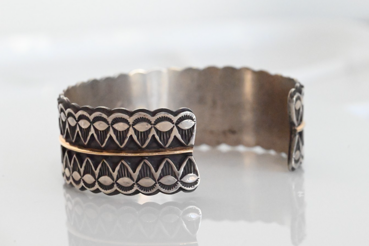 Gorgeous Native American Sterling Silver Cuff Bracelet w/ 14k Bar by Sara Hideko5