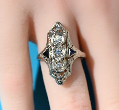Gorgeous 18K White Gold Edwardian / Art Deco Filigree Diamond & Sapphire Ring0