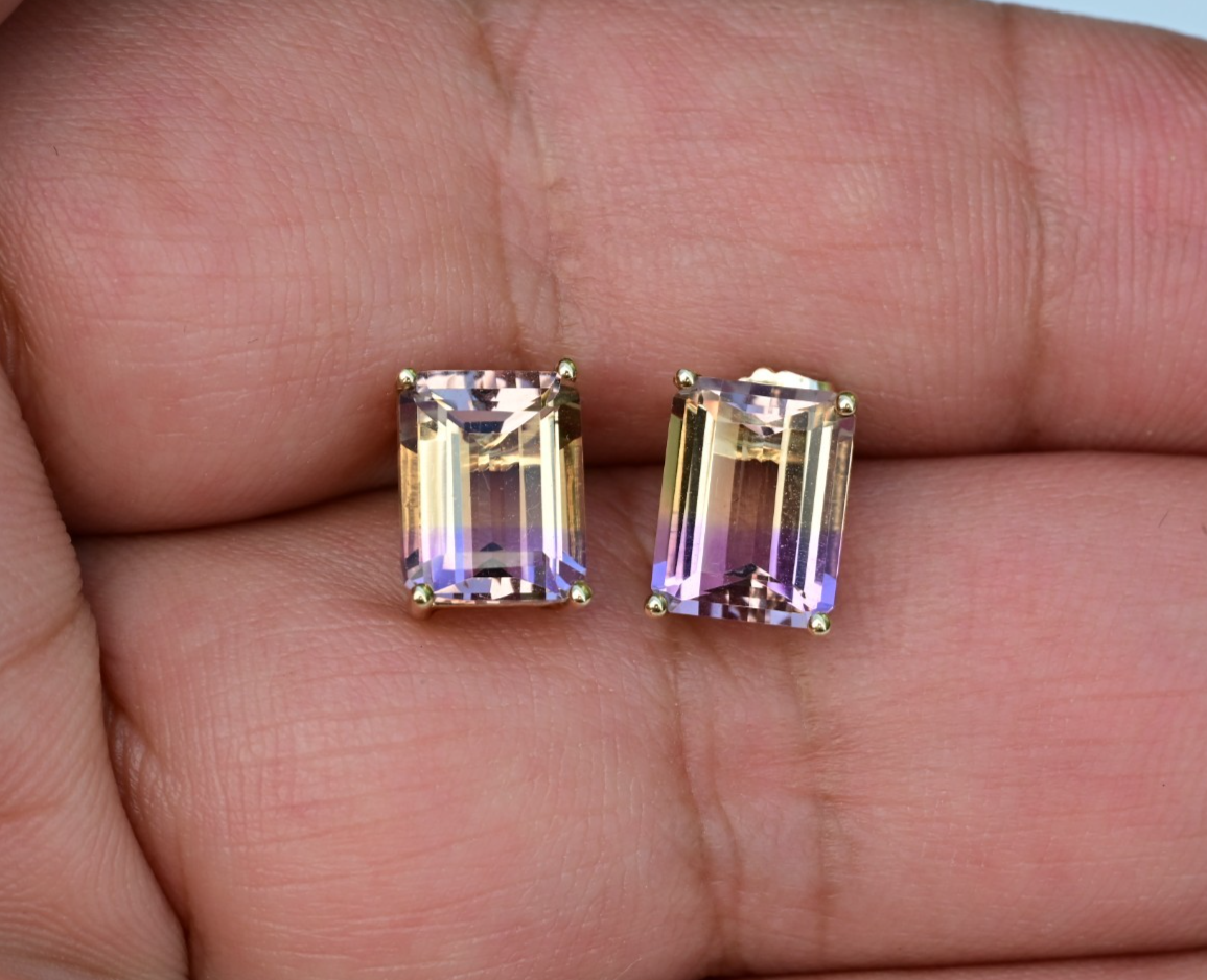Matching 14K Jewelry Set Striking Emerald-cut Bi-Colored Ametrine & Diamonds3