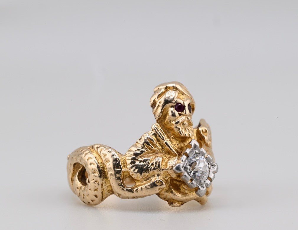 ANTIQUE ART DECO PERIOD 14K GENIE & DOUBLE SNAKE RING OLD EURO DIAMOND IGI CERT.6