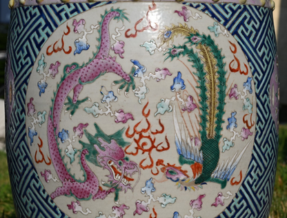 Antique Hand Painted Porcelain Garden Seat / Drum Stool Dragon & Phoenix Design13