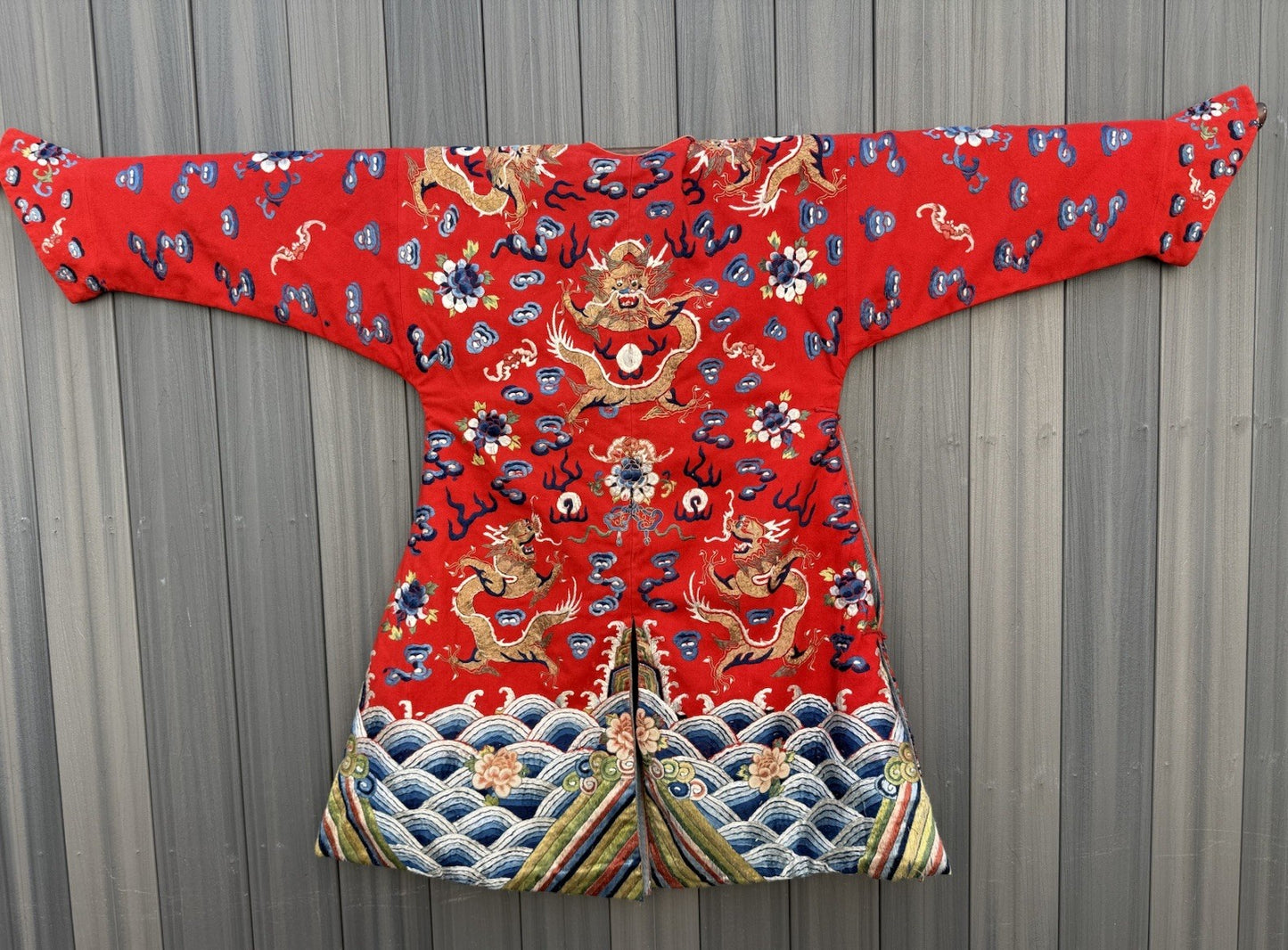 Antique Qing Dynasty Chinese Silk Embroidery Red Dragon Winter Robe1