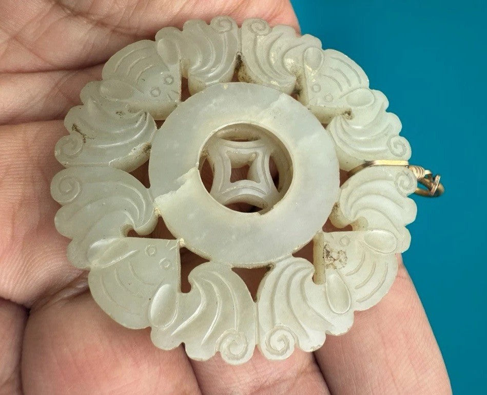 Amazing Antique Carved Chinese Lucky Bat Jade Pendant With Spinning Center3