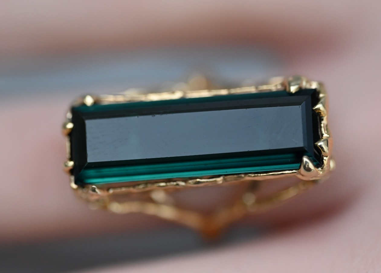 Beautiful Elongated Green Tourmaline Statement Ring in 14K Yellow Gold2