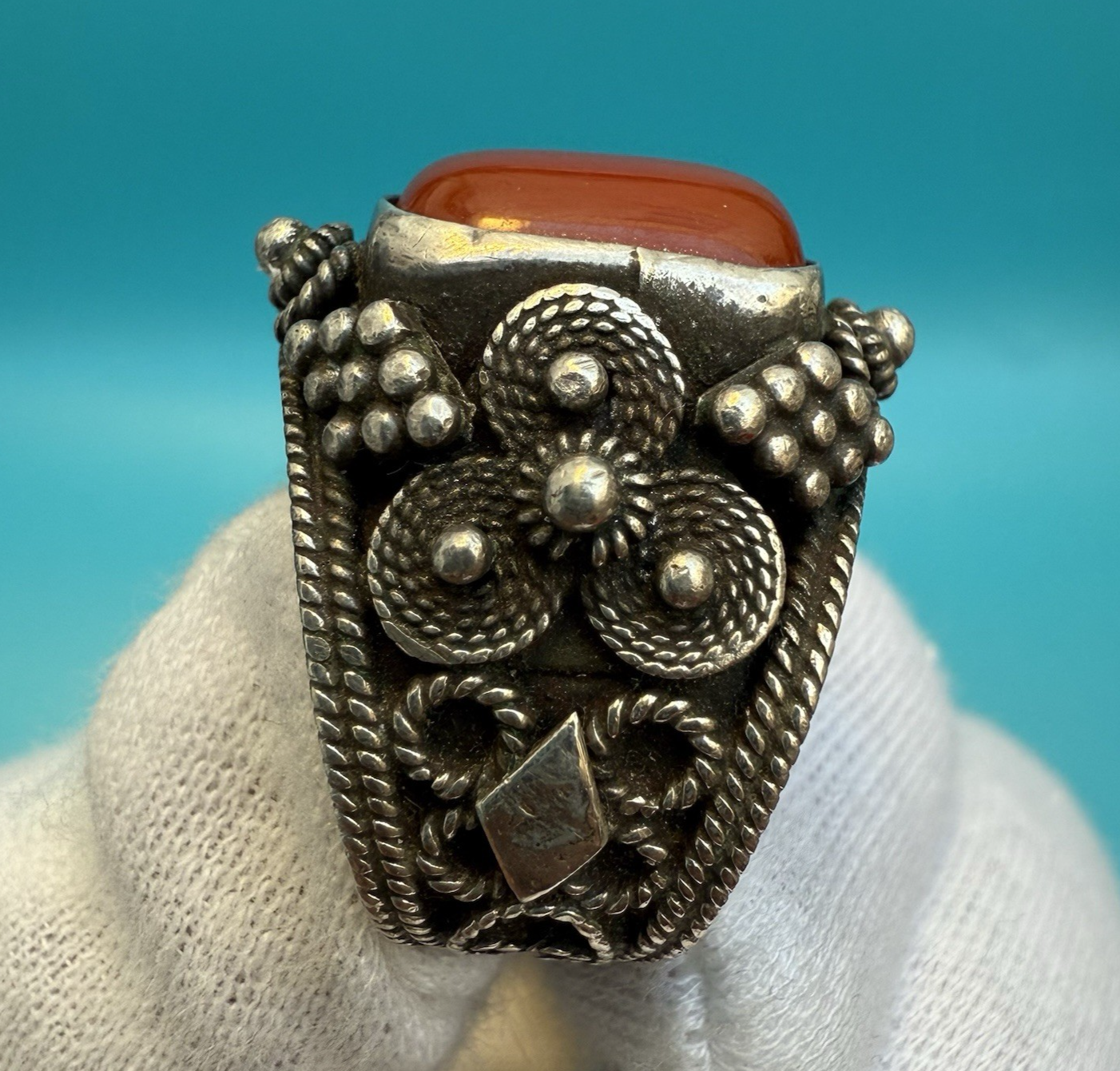 High Quality Tribal Fine Silver Ring w/ Red Carnelian Gemstone2
