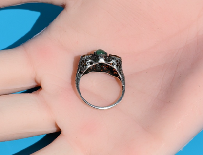 Antique Victorian / Art Deco 925 Sterling Silver Filigree w Natural Emerald Ring7