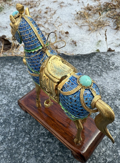 Majestic Chinese Vintage Enamel Gilt Export Silver  Horse w/ Turquoise Gems8