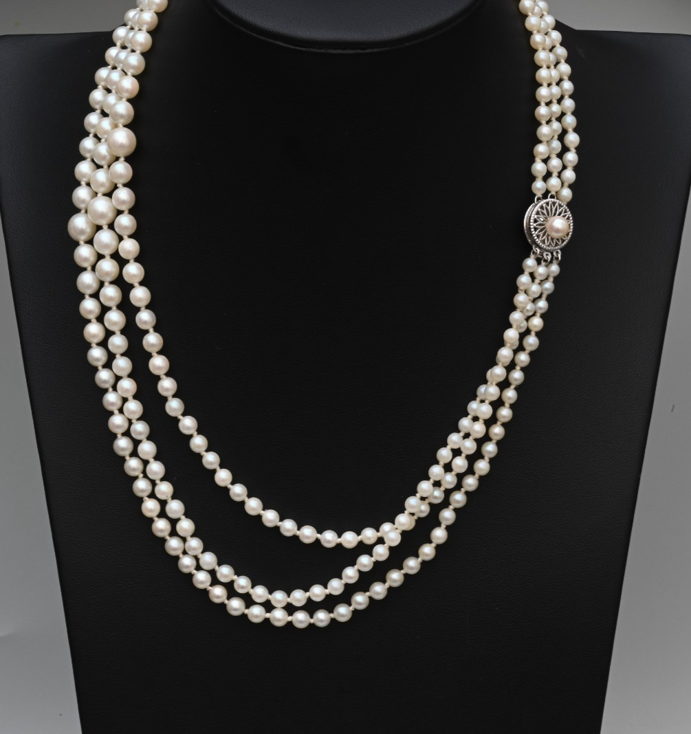 Elegant yet Simple Multi-Strand Cultured Pearl Beaded Necklace w/ 14k Clasp0