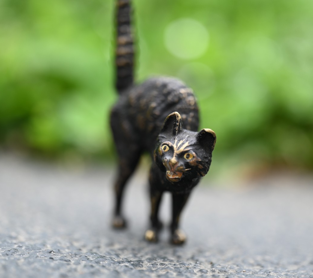 Antique Original Austrian Vienna Cold Painted Bronze Figure of Scary Black Cat0
