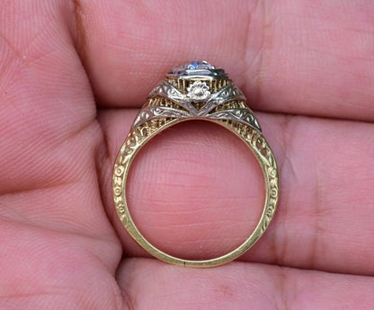 Elegant Antique 14K Bi Color Gold Ring w/ .30 ct Old Mine Cut Diamond IGI Cert6