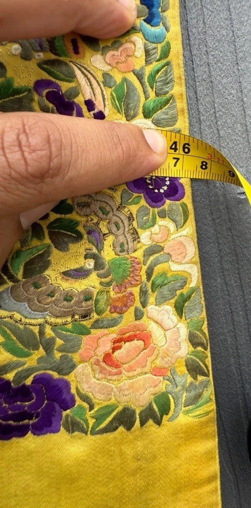 Antique Qing Dynasty Chinese Silk Embroidery Robe In Blue With Yellow Sleeve End13