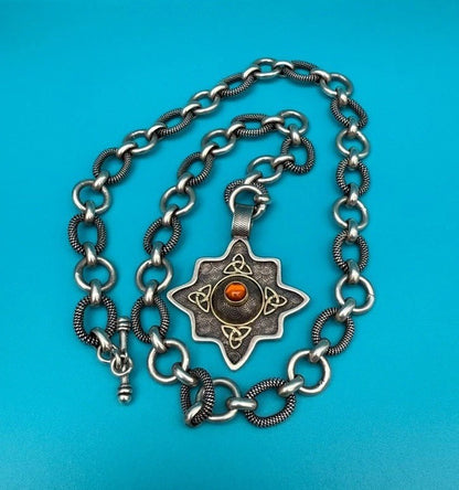 Mid Century Southwestern Sterling Silver & 18k Yellow Gold Necklace Signed0