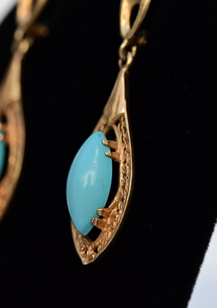Antique Filigree Yellow Gold Drop Earrings Marquise-cut Blue Turquoise Cabochons4