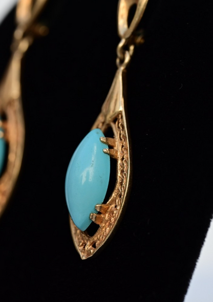 Antique Filigree Yellow Gold Drop Earrings Marquise-cut Blue Turquoise Cabochons4
