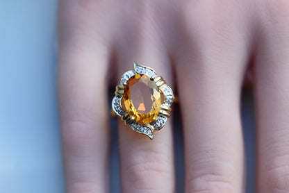 Eye-catching Vintage Faceted Citrine Cocktail Ring with Halo of Diamonds 14k YG7