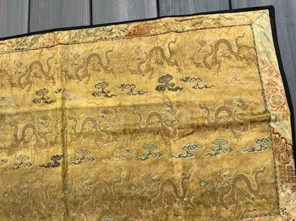 Early Antique Qing Dynasty Chinese Yellow Silk Brocade Panel with Gold Dragons2