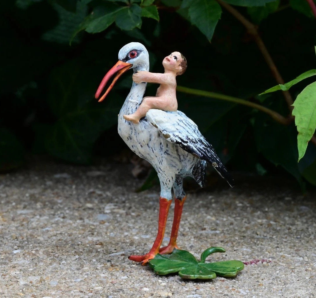 Rare Austrian Vienna Cold Painted Bronze Stork With Baby & Four Leaf Clover0
