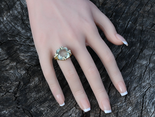 Stunning Judith Ripka Green Amethyst & Diamond 18K Yellow Gold Ring Size 5.751