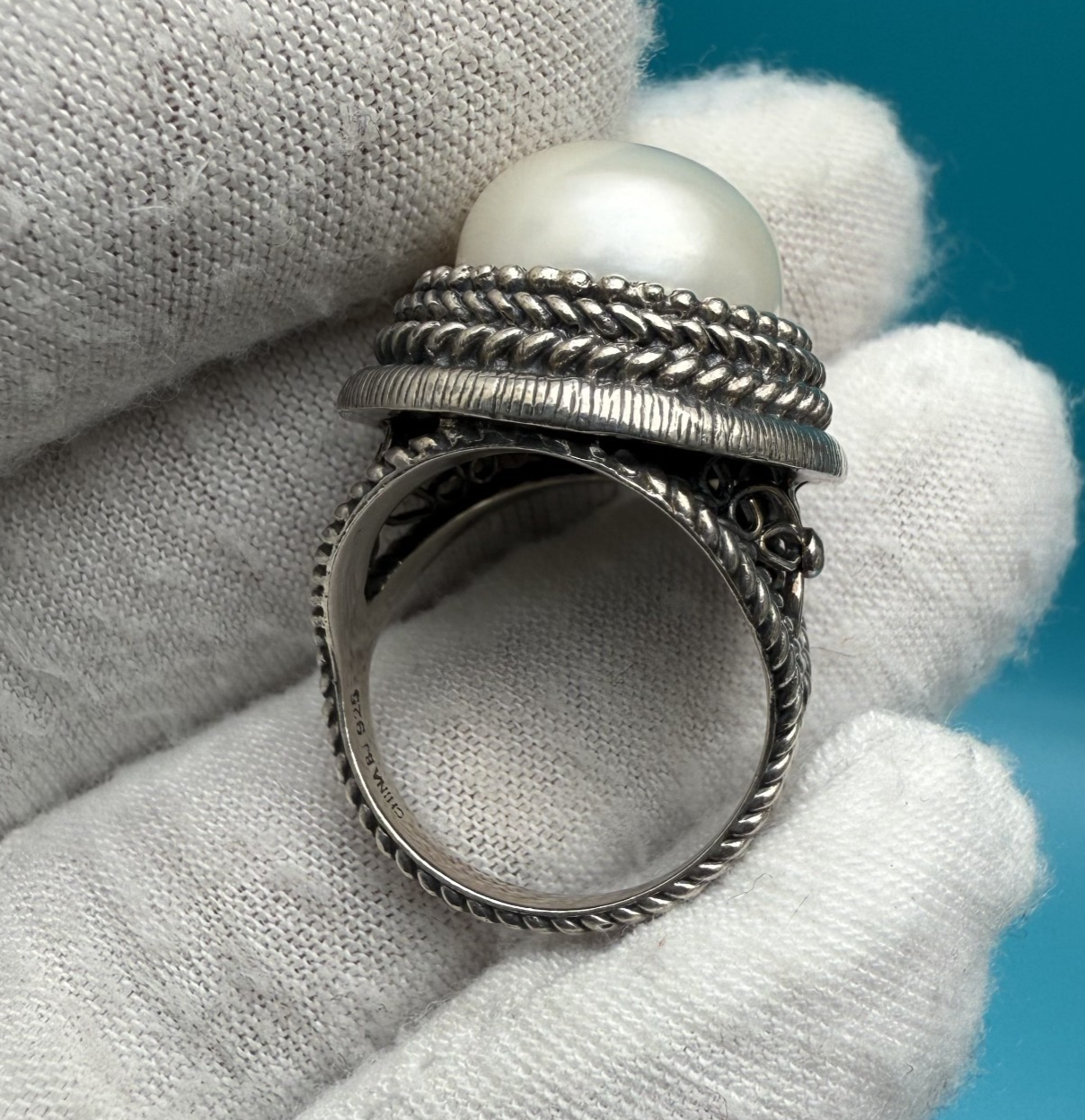 Stunning Mabe Pearl & Sterling Silver .925 Ring Marked BJ, China2