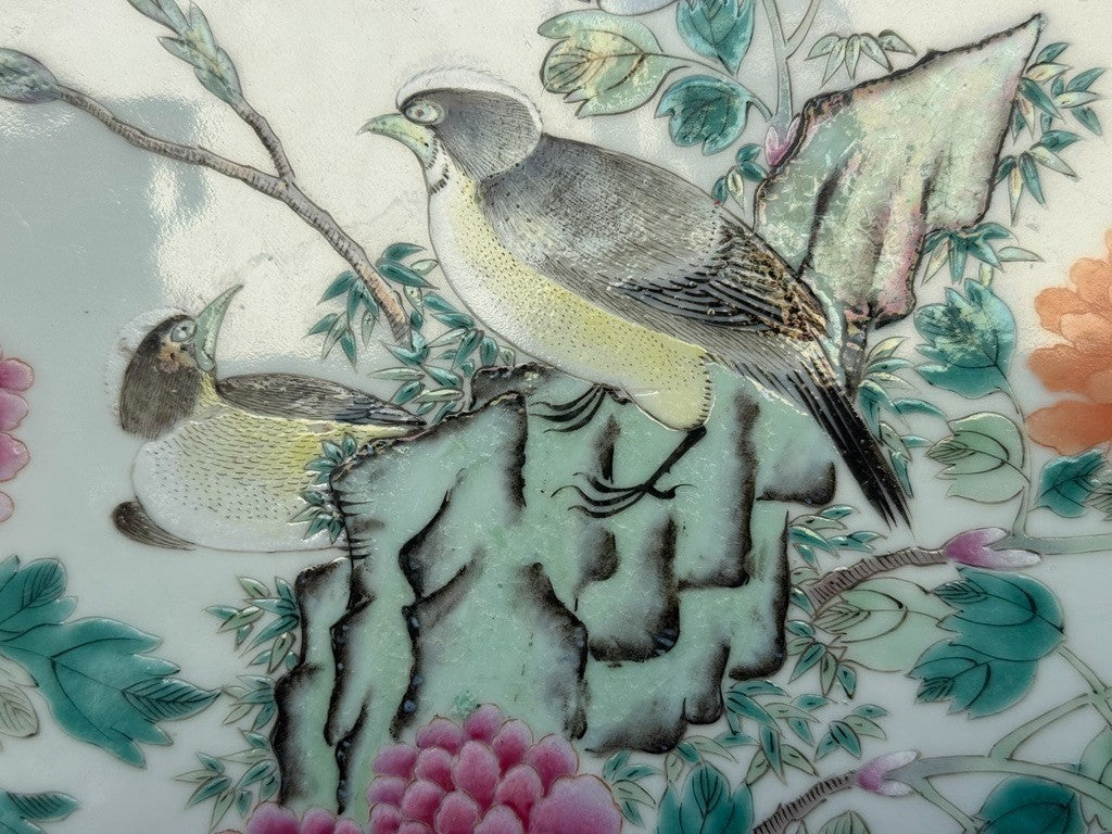 Large 20" Chinese Antique 1900s Porcelain Serving Tray with Enameled Black Birds3