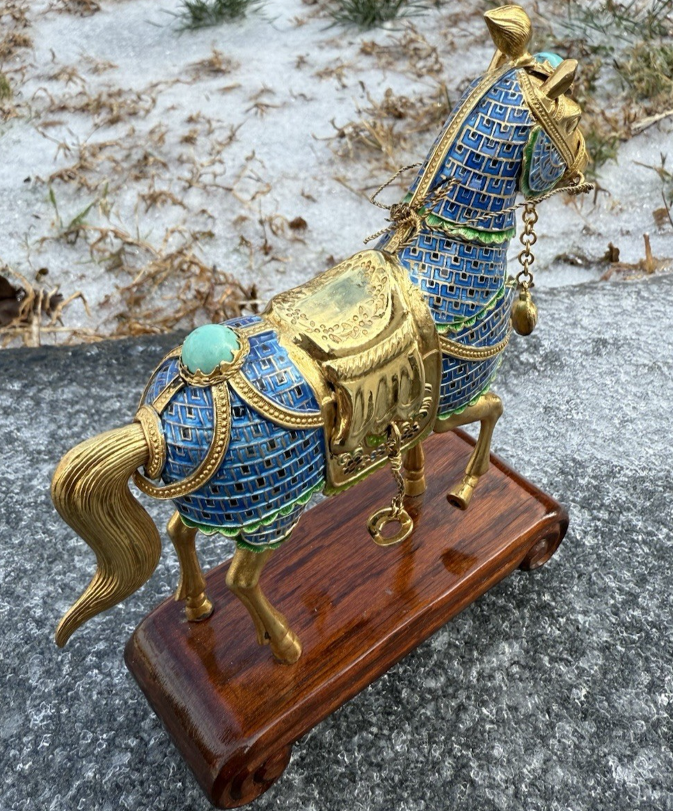 Majestic Chinese Vintage Enamel Gilt Export Silver  Horse w/ Turquoise Gems5