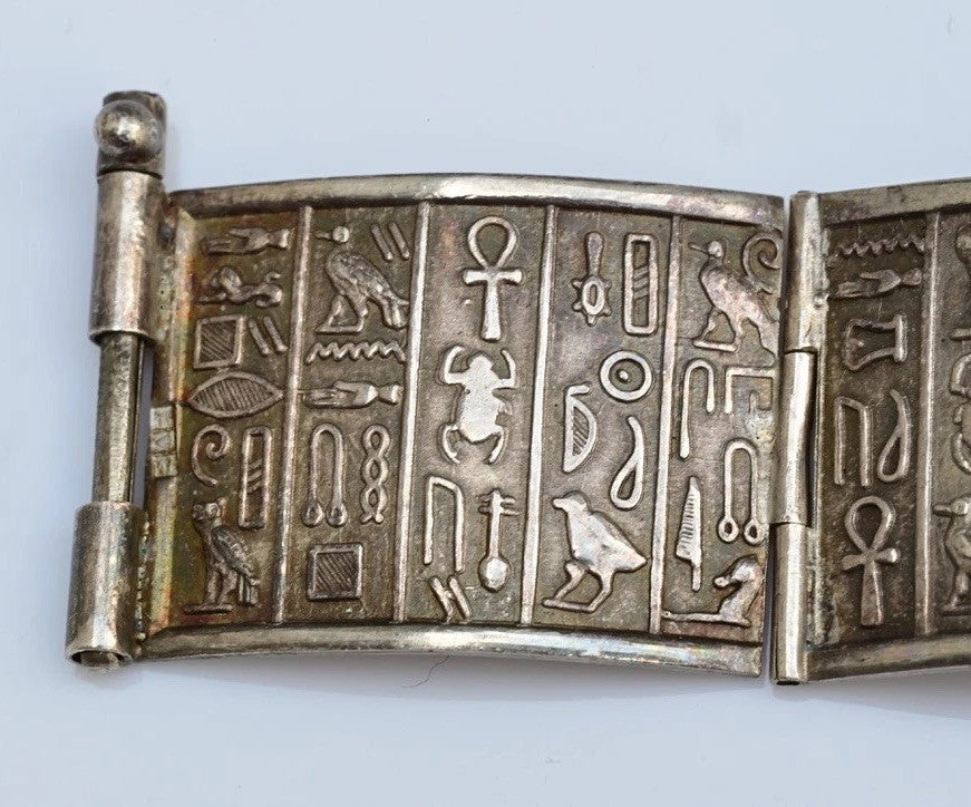Gorgeous Egyptian Hieroglyphic Ancient style .900/1000 Silver Bracelet 7 1/2"1