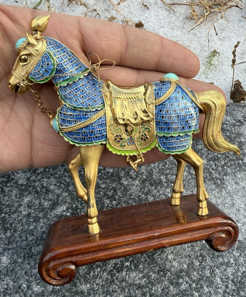 Majestic Chinese Vintage Enamel Gilt Export Silver  Horse w/ Turquoise Gems7
