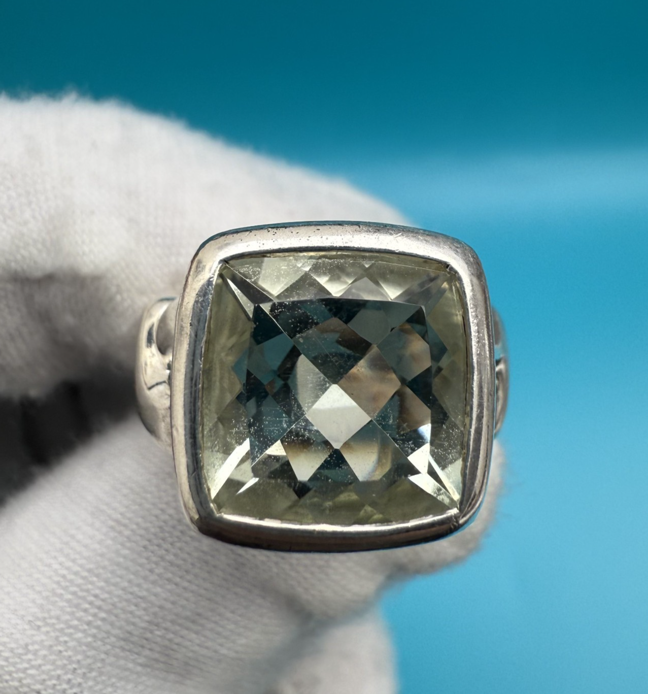 Sturdy Well Made Sterling Silver Ring with Faceted Green Amethyst or Quartz0