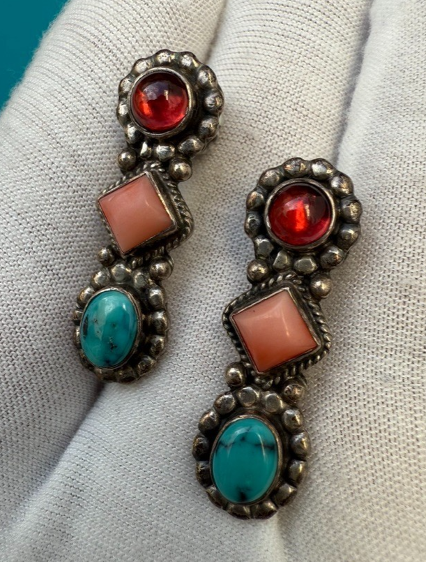 Pair of Native American-style Dangle Earrings with Turquoise and Coral Gems5