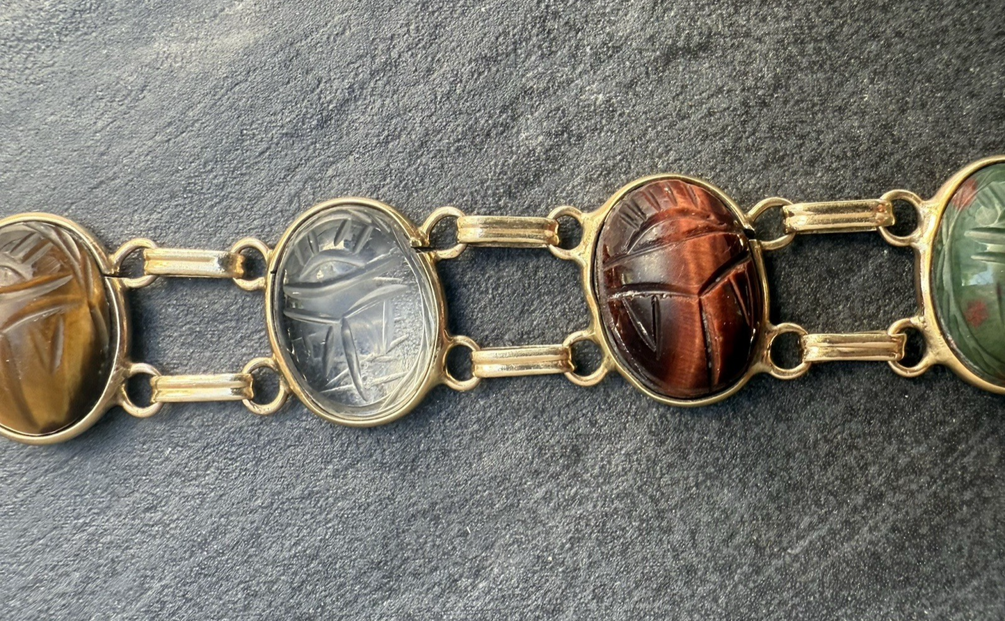 Beautiful Early Vintage 14k Yellow Gold Multi-Gemstone Scarab Beetle Bracelet3