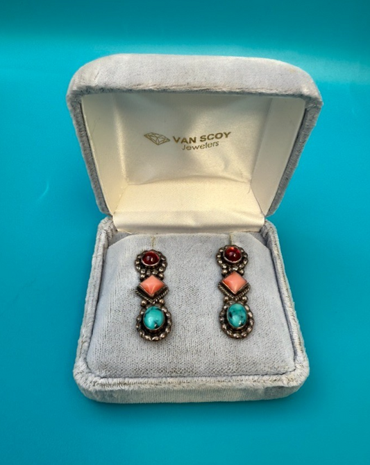 Pair of Native American-style Dangle Earrings with Turquoise and Coral Gems0