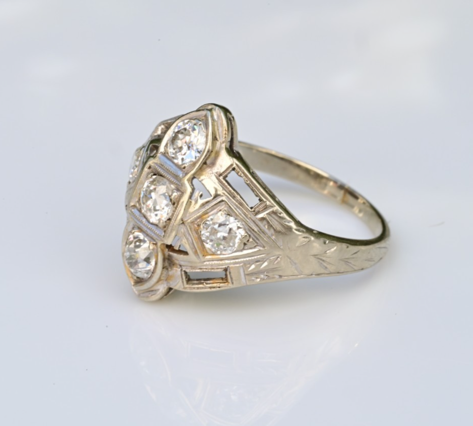 Exquisite Geometric Open Filigree Art Deco Old European Cut Diamond Cluster Ring8